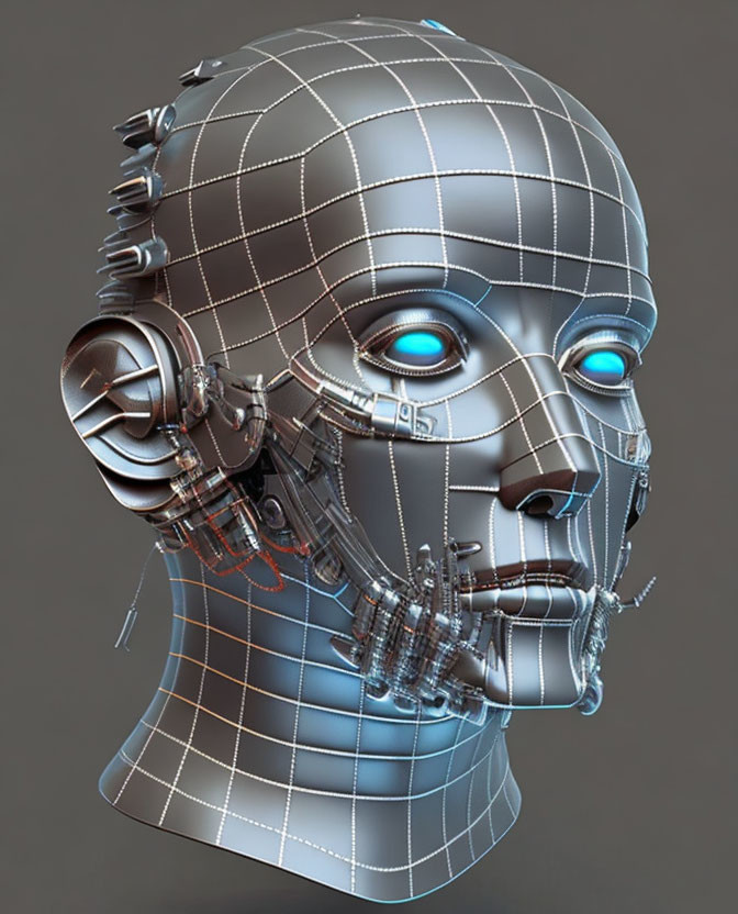 Humanoid Robot Head with Transparent Skin and Glowing Blue Eyes