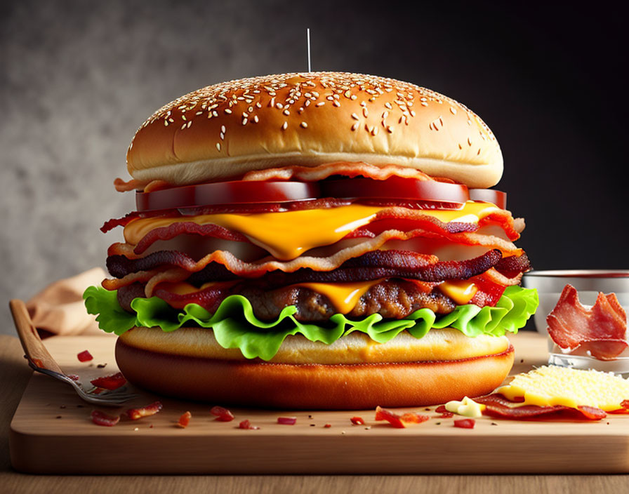 Delicious double cheeseburger with bacon, lettuce, tomato, and condiments on a wooden board