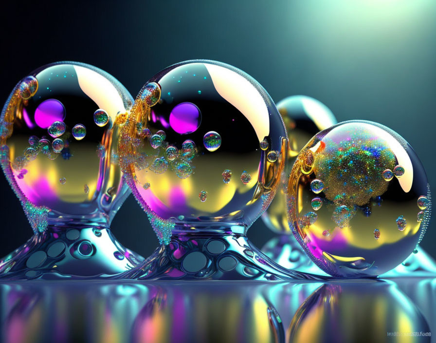 Iridescent bubbles clustered on reflective surface