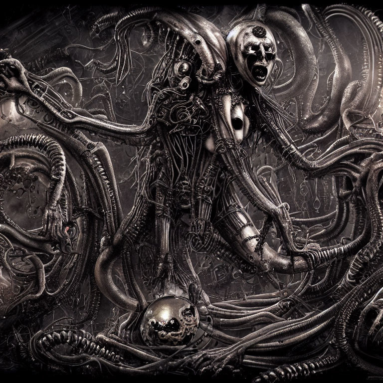 Monochrome biomechanical artwork with humanoid figure and skulls in dark composition