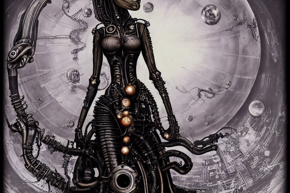 Futuristic robotic figure with intricate mechanical details in celestial backdrop