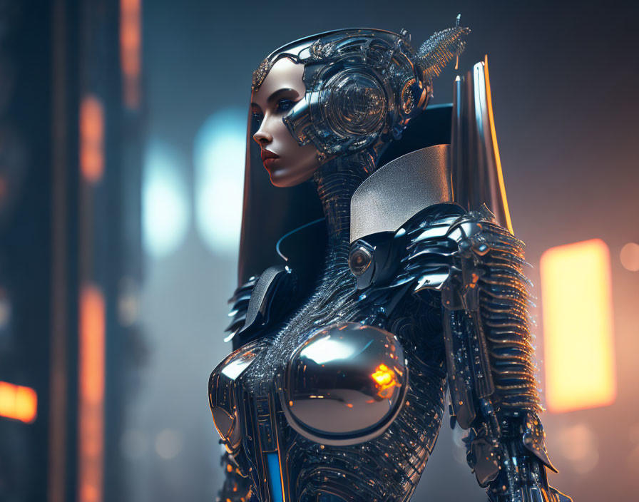 Detailed Female Humanoid Robot in Futuristic Cityscape