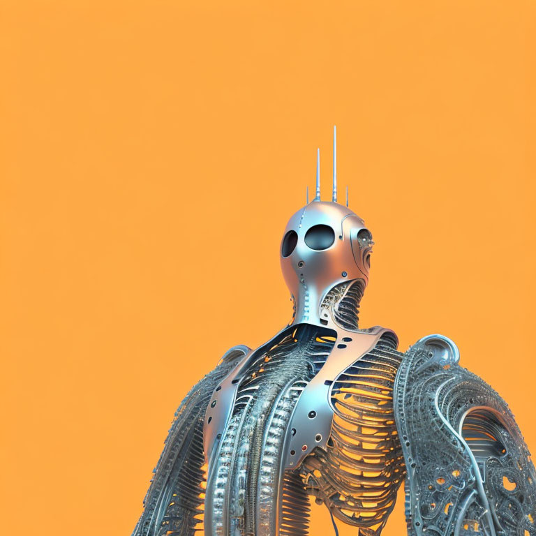 Detailed humanoid robot with silver bodywork on orange background