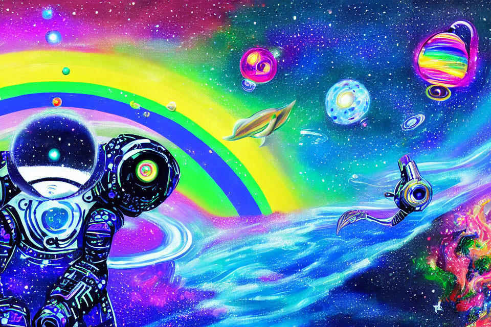 Astronaut in vibrant psychedelic space with colorful planets, rainbow, and nebula