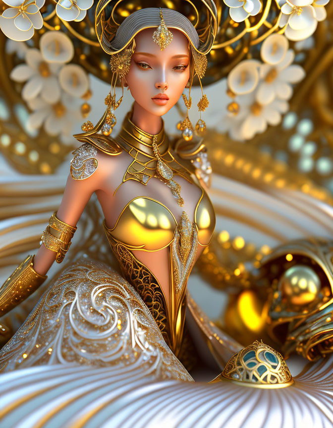 Golden fantasy character with intricate jewelry and swirling patterns on costume.