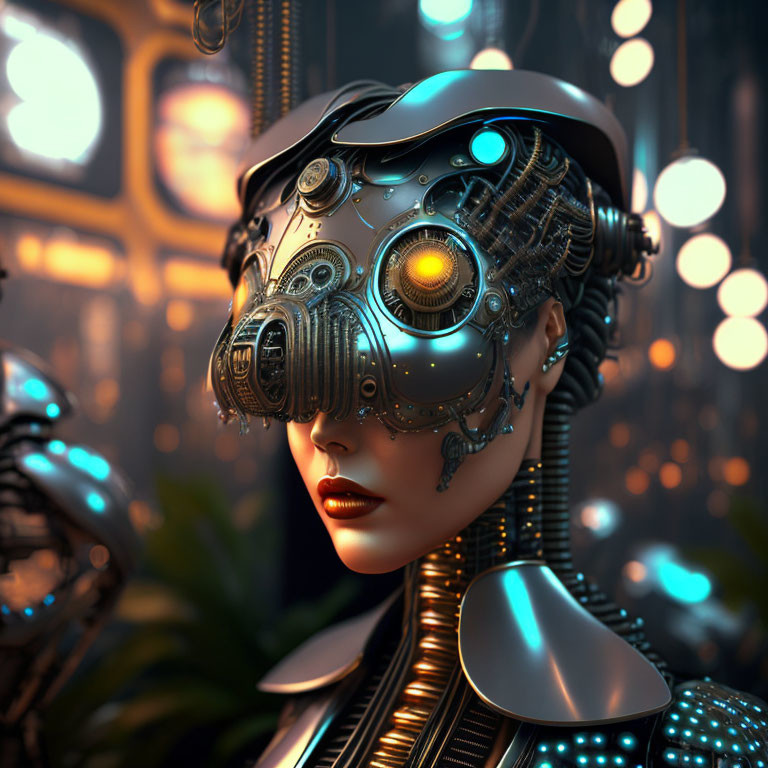 Detailed futuristic female robot with glowing yellow eye in blurred light backdrop