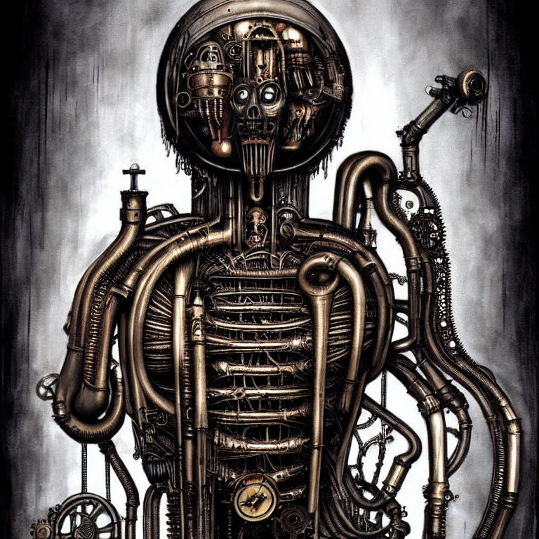 Detailed Steampunk-Style Robotic Figure with Intricate Gears and Pipes