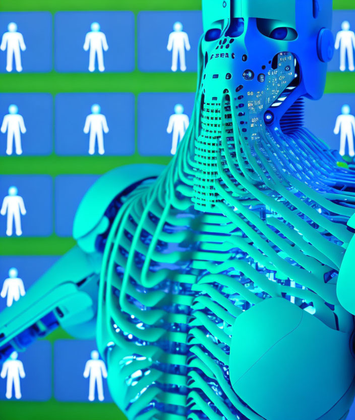 Blue humanoid robot with flexible spine on blue blocks with white human silhouettes