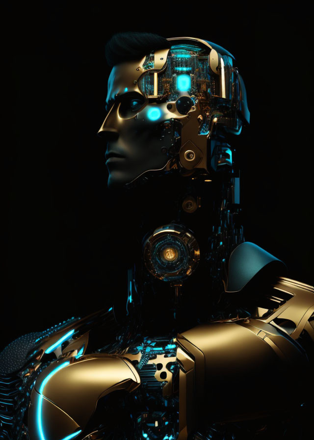 Futuristic robot with human-like face and glowing blue lights