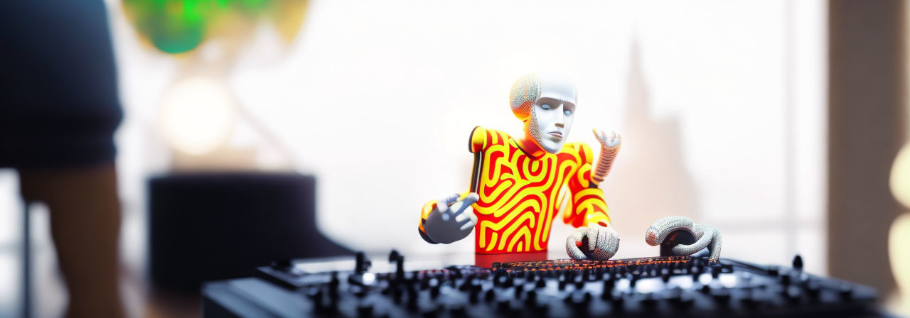 Patterned Outfit Figurine DJing on Miniature Mixer in Warm-Toned Background