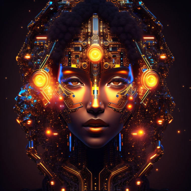 Symmetrical futuristic female face with cybernetic enhancements and ornate headdress on dark background