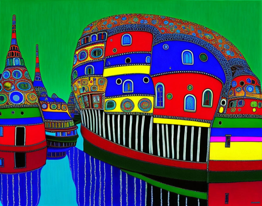 Colorful painting: Whimsical buildings and patterns reflected in water