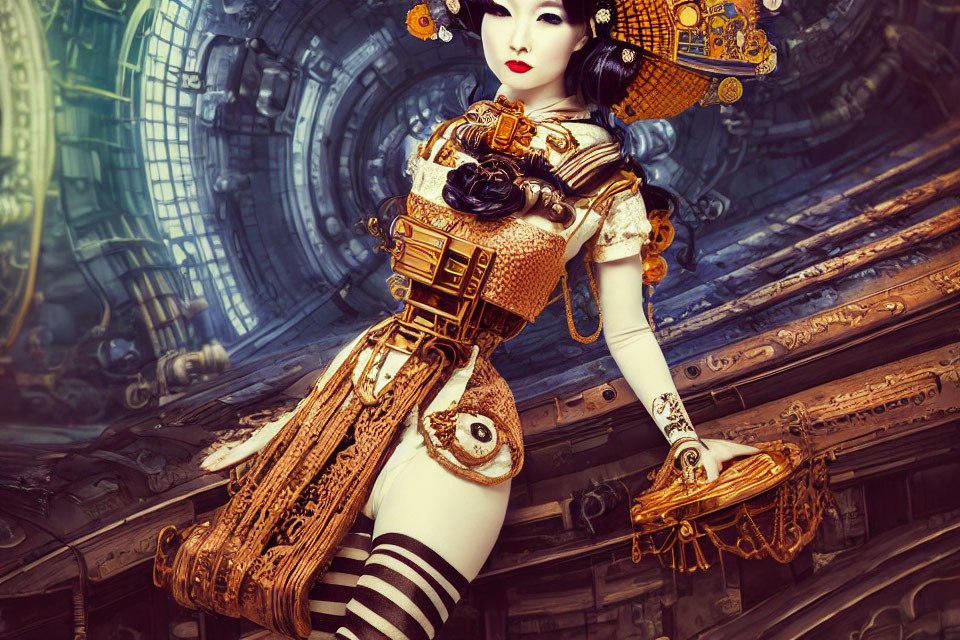 Steampunk-themed image of woman in Victorian costume with mechanical elements.