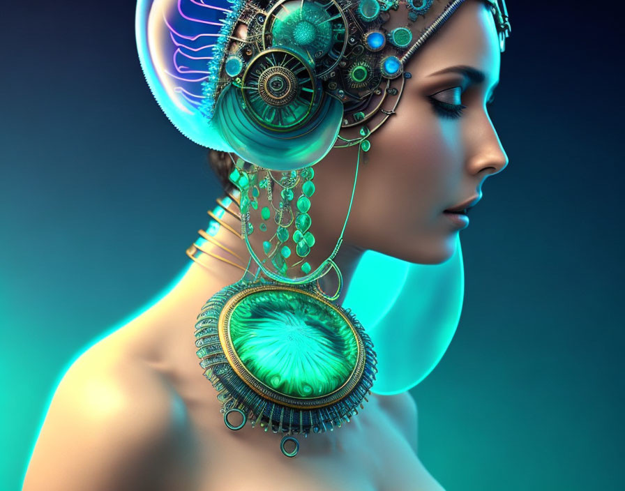 Female digital artwork with mechanized features and gear accessories on blue gradient.