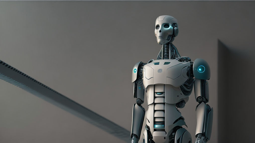 Sleek White and Gray Humanoid Robot Standing Next to Blurry Brown Background