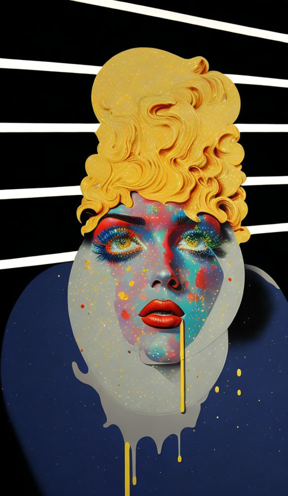 Colorful surrealist portrait of a woman with yellow flowing hair on star-speckled face.