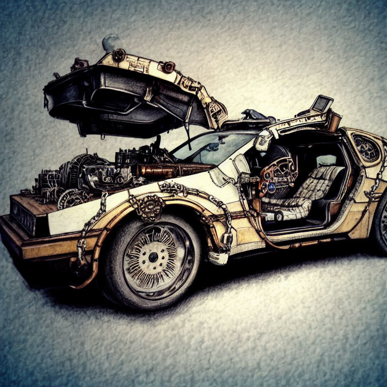 Detailed Futuristic Car Drawing with Steampunk Aesthetic