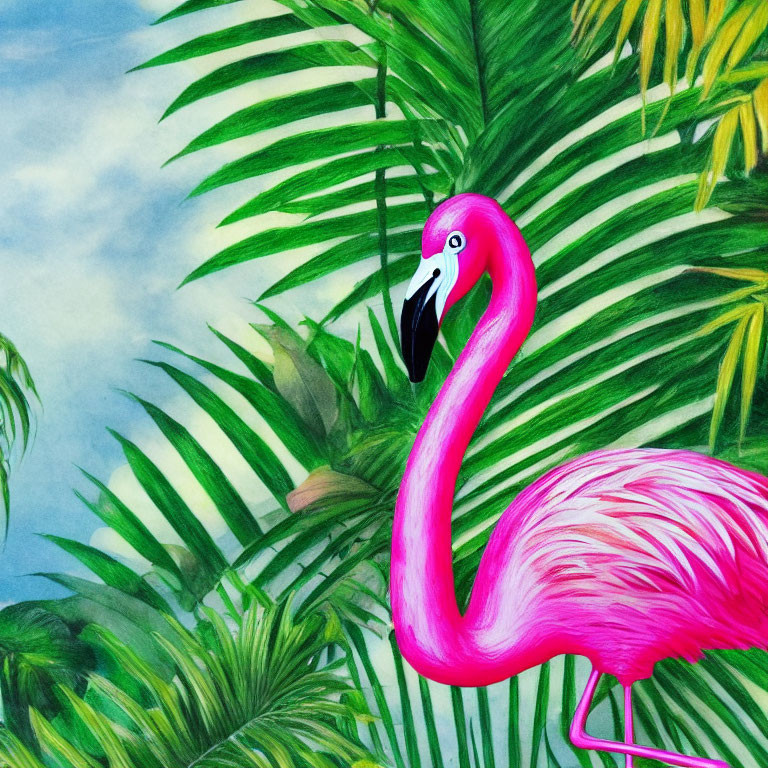 Colorful Pink Flamingo with Tropical Green Foliage