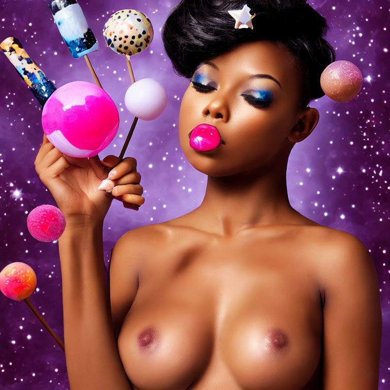 Colorful makeup woman with lollipops in starry background