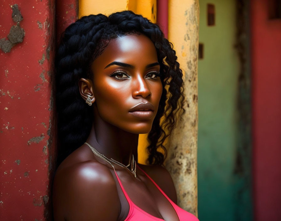 Striking woman with braided hair in pink top poses against colorful walls