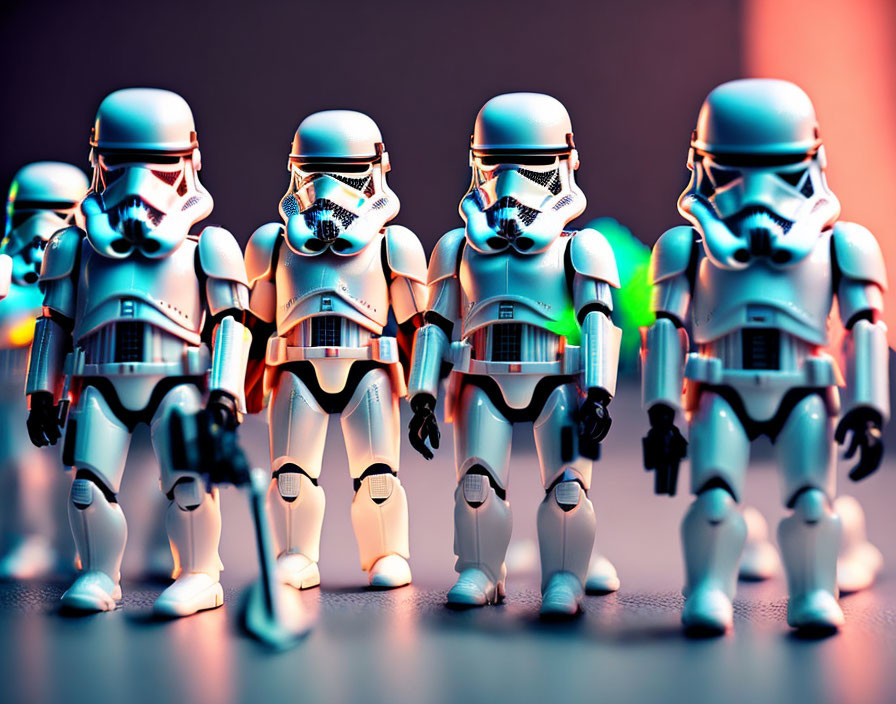 Row of Stormtrooper Figurines Against Orange Purple Gradient Background