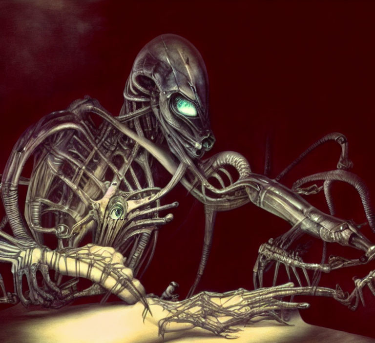 Biomechanical creature with glossy exoskeleton and tentacles on dark background