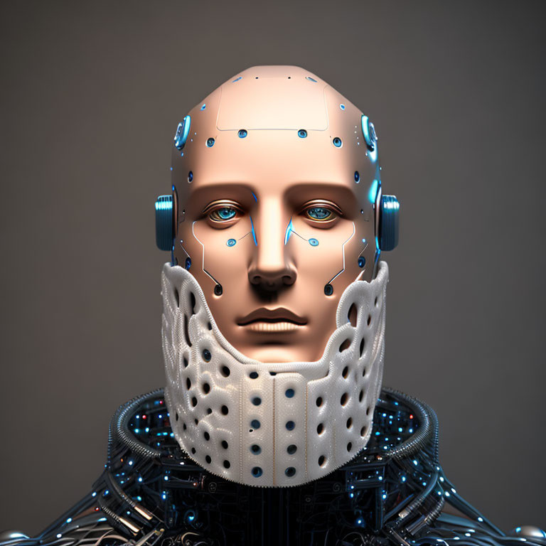 Realistic humanoid robot head with intricate blue circuitry patterns and structured collar on neutral background