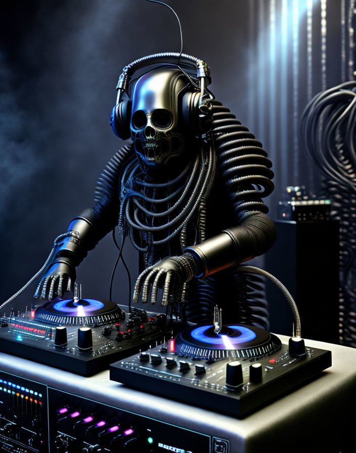 Skeletal robotic DJ mixing tracks with headphones in blue light