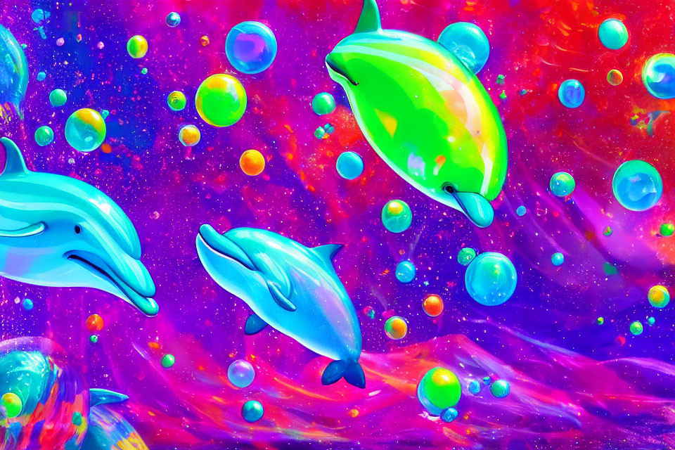 Colorful Stylized Dolphins Leaping in Space-like Scene