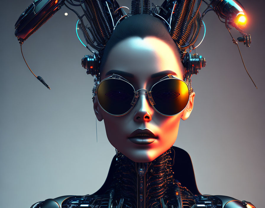 Detailed Female Robot with Futuristic Headpiece and Sunglasses