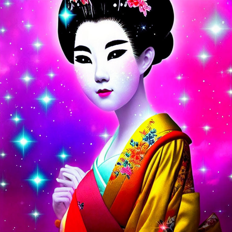 Vibrant Geisha Illustration in Colorful Kimono