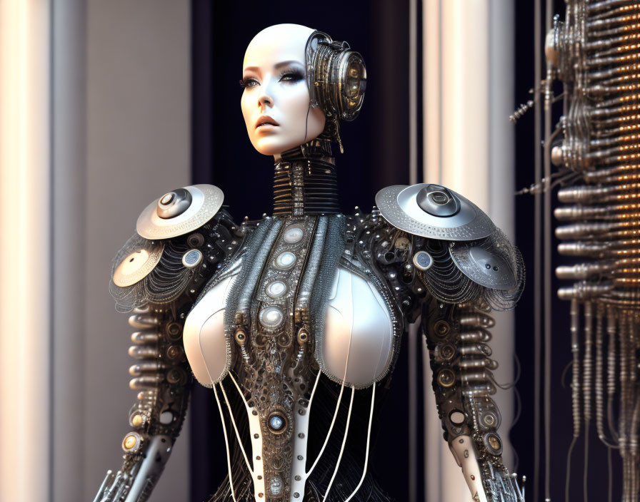 Detailed humanoid robotic figure with intricate mechanical design.