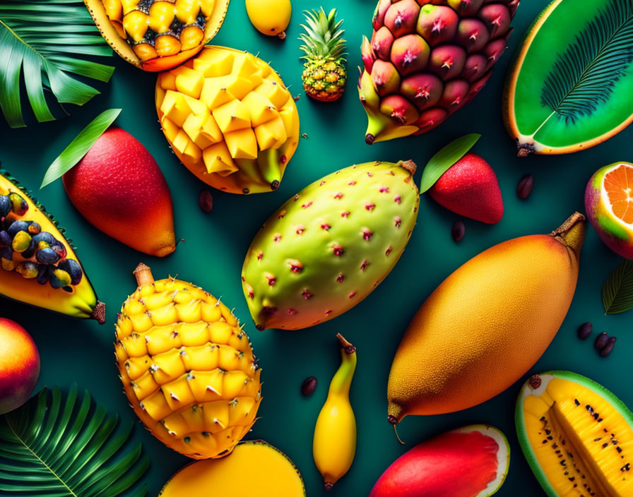 Assorted Tropical Fruits on Green Background