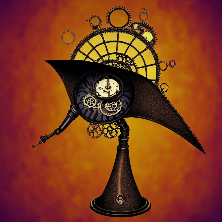 Steampunk-themed gramophone on orange gradient background