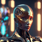 Reflective cityscape head, sunglasses, metallic body: Futuristic female robot in warm light