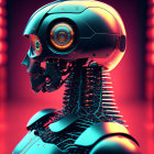 Detailed 3D rendering of futuristic robot with intricate metallic body and complex head gears on red backdrop