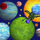 Colorful digital artwork: Whimsical cosmic scene with stylized planets