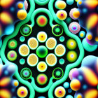 Vibrant symmetrical abstract image with glowing spheres and shapes.