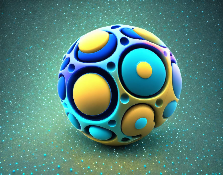 Patterned Sphere Revealing Blue and Orange Layers on Teal Background