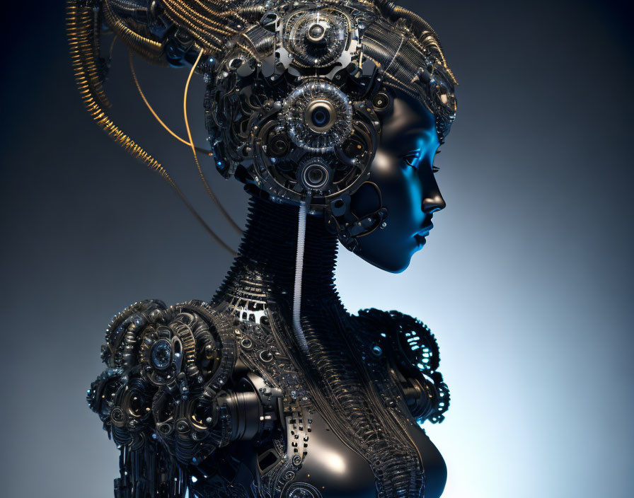 Detailed humanoid robot profile with mechanical gears for hair on blue gradient.