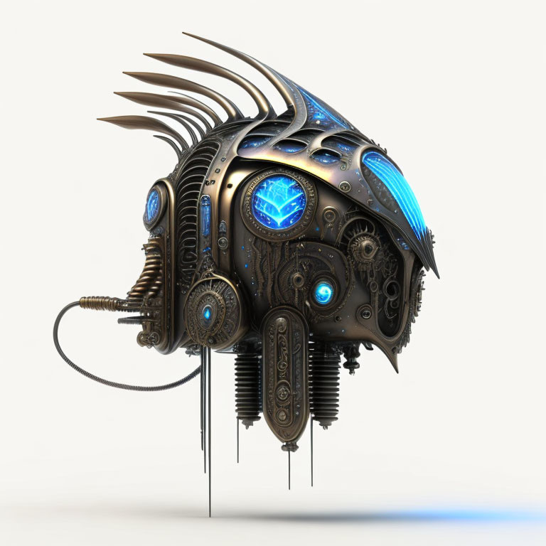 Intricate Metallic Futuristic Helmet with Blue Lights and Blades