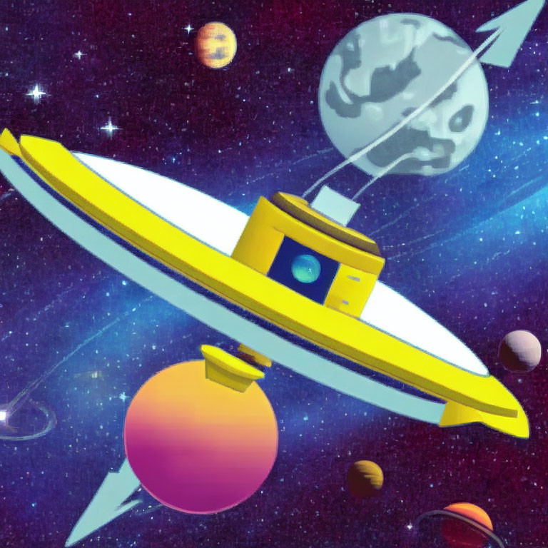 Colorful planets and stars in animated flying saucer scene