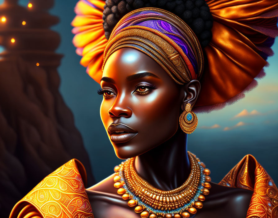 African woman digital portrait with vibrant attire and jewelry