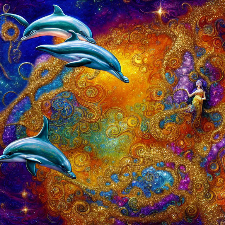 Colorful Psychedelic Artwork with Dolphins and Woman in Cosmic Setting