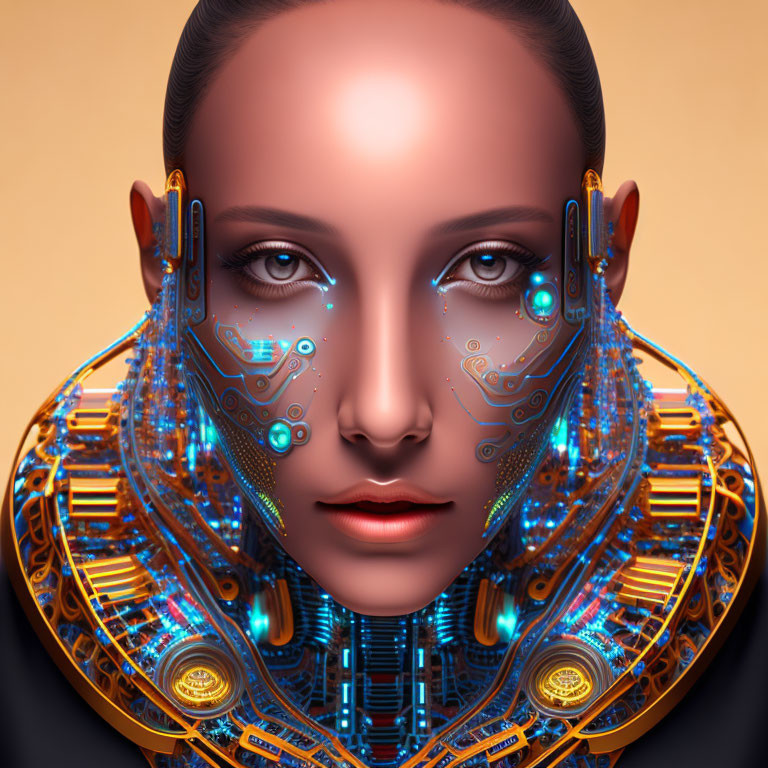 Digital artwork: Woman with cybernetic enhancements and circuitry patterns on head and shoulders.