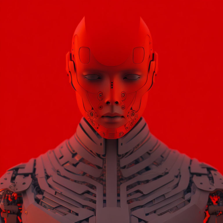 Detailed 3D rendering of humanoid robot with red face and mechanical segments on red background