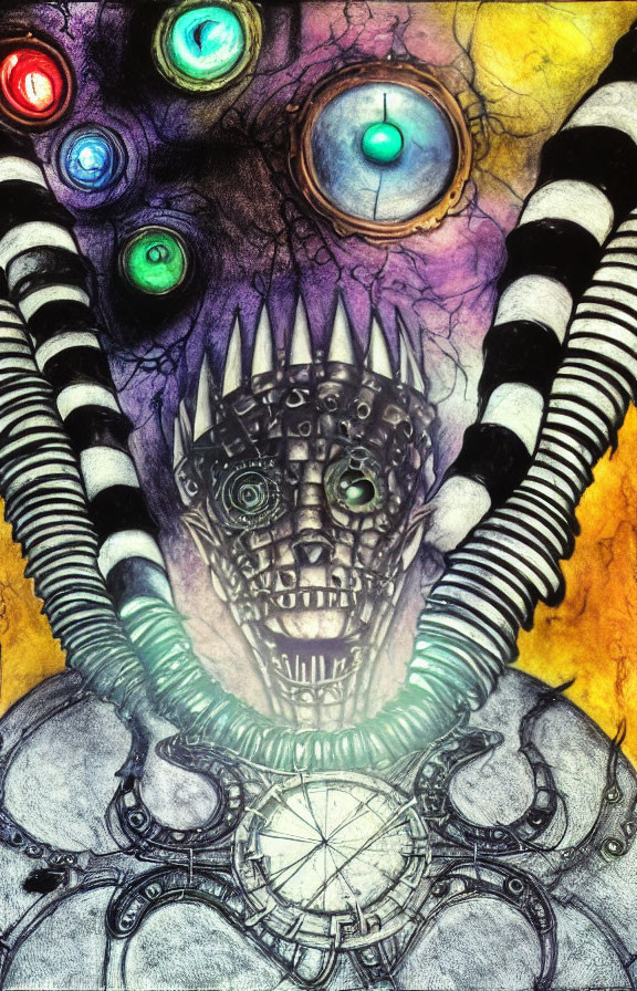 Surreal illustration: mechanical being with toothed maw, striped tendrils, colorful orbs