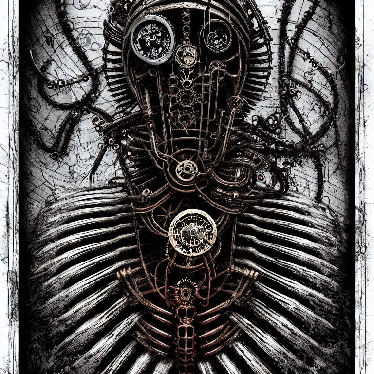 Monochrome steampunk-style illustration of a mechanical humanoid.