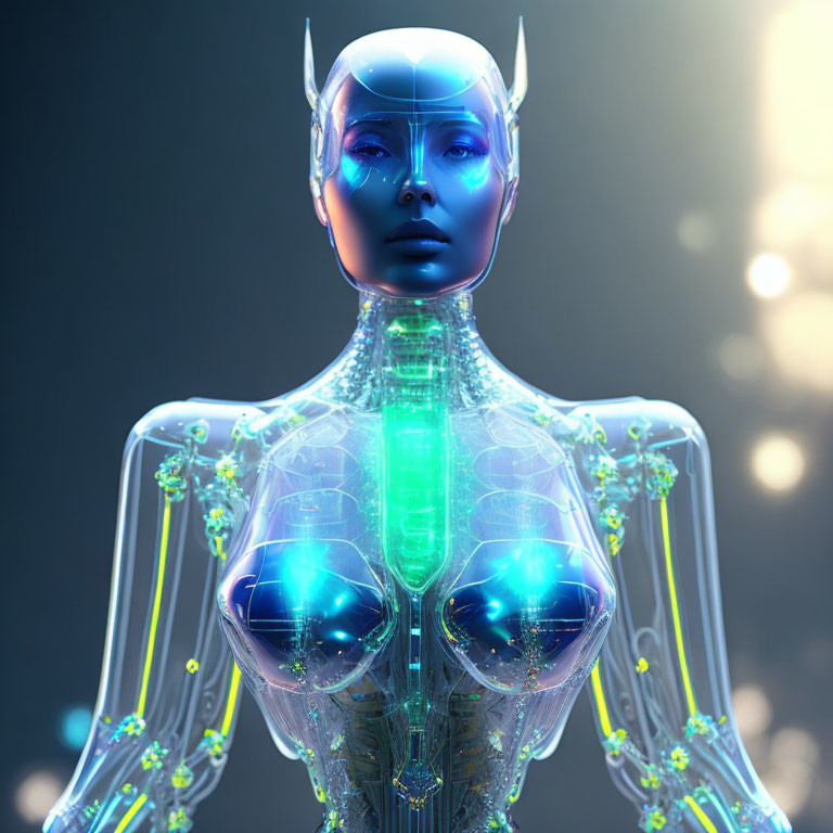 Transparent humanoid robot with blue face and glowing green neural networks