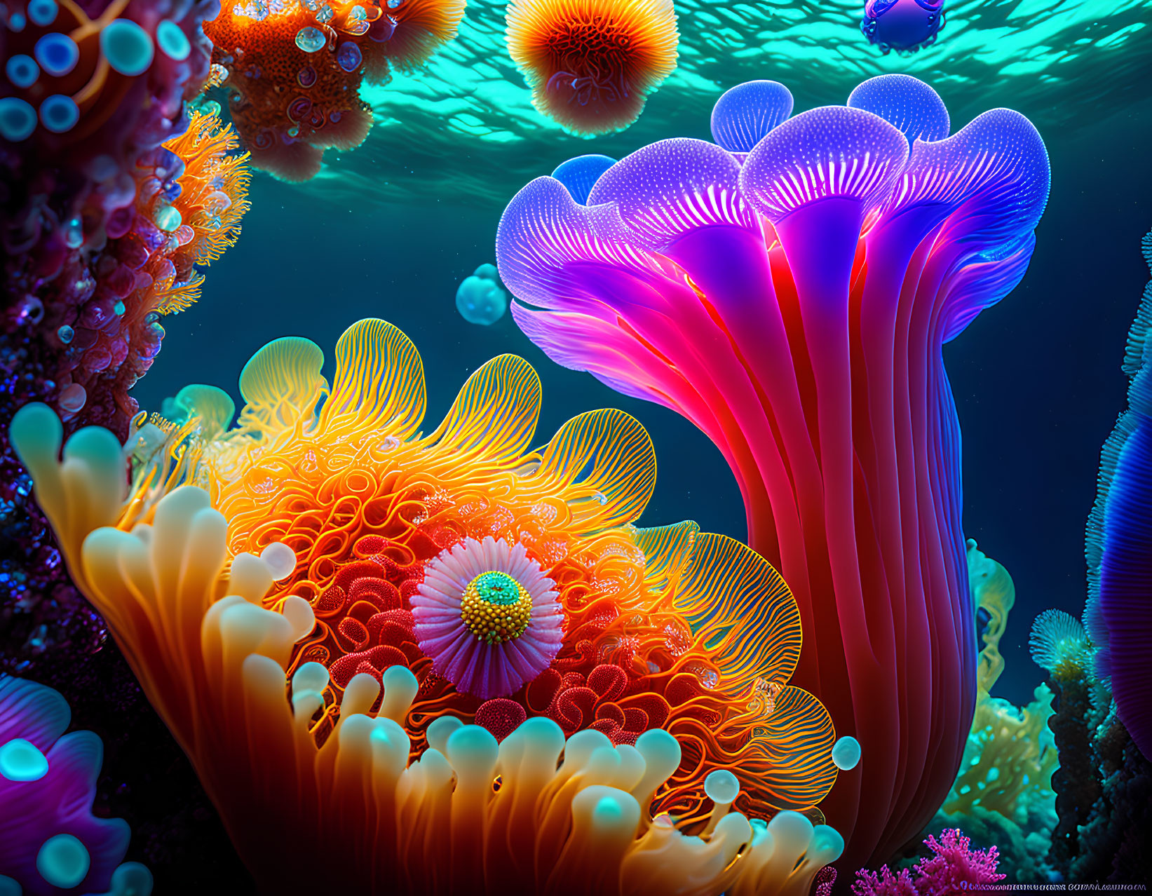 Colorful Bioluminescent Coral and Sea Anemones in Underwater Scene